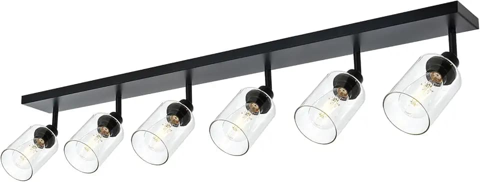 6 Light Multi-Directional Rotating Metal Ceiling Spotlight with Adjustable Track Heads Classic Bathroom Vanity Wall Lighting with Clear Shade in Black Finish
