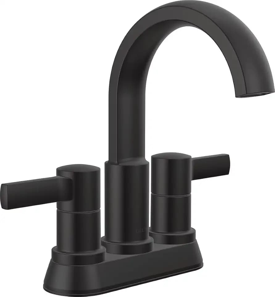 Delta Albion Centerset Matte Black Bathroom Faucet, 4 Inch 3 Hole Bathroom Sink Faucet for Vanity, Metal Push-Pop Drain Assembly, Matte Black 25855LF-BL