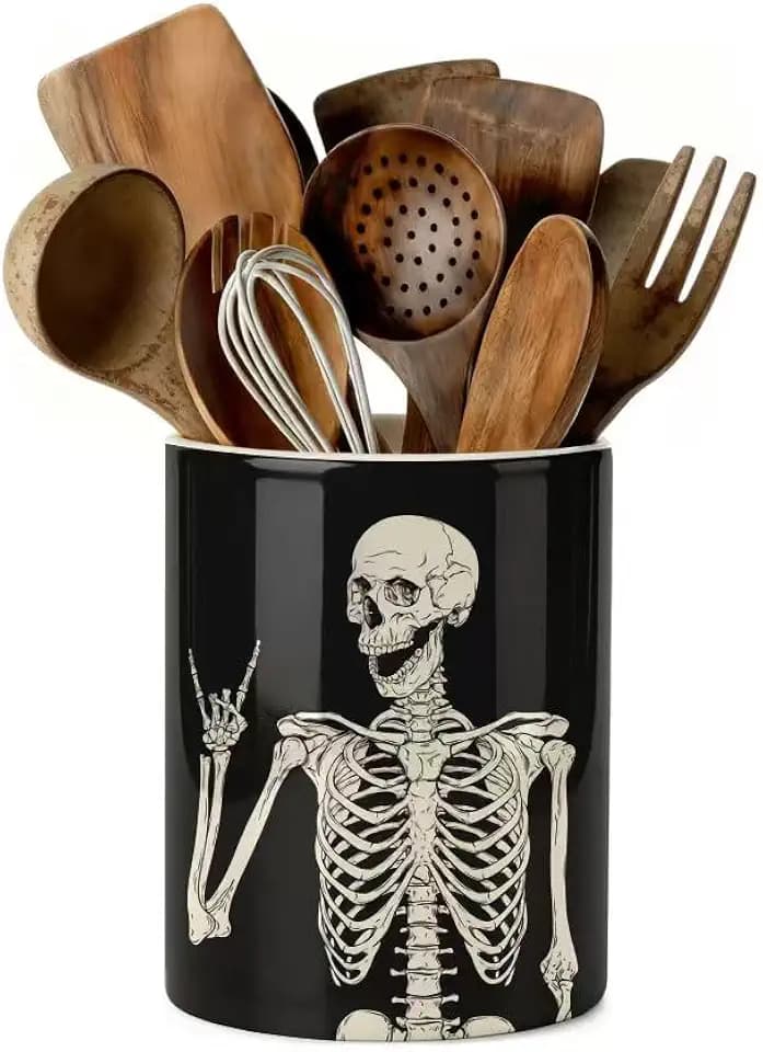 Halloween Kitchen Utensil Holder, Funny Skull Ceramic Utensil Holder , Cooking Utensil Crocks for Kitchen Countertop, Kitchen Decorations Rustic Farmhouse Decor