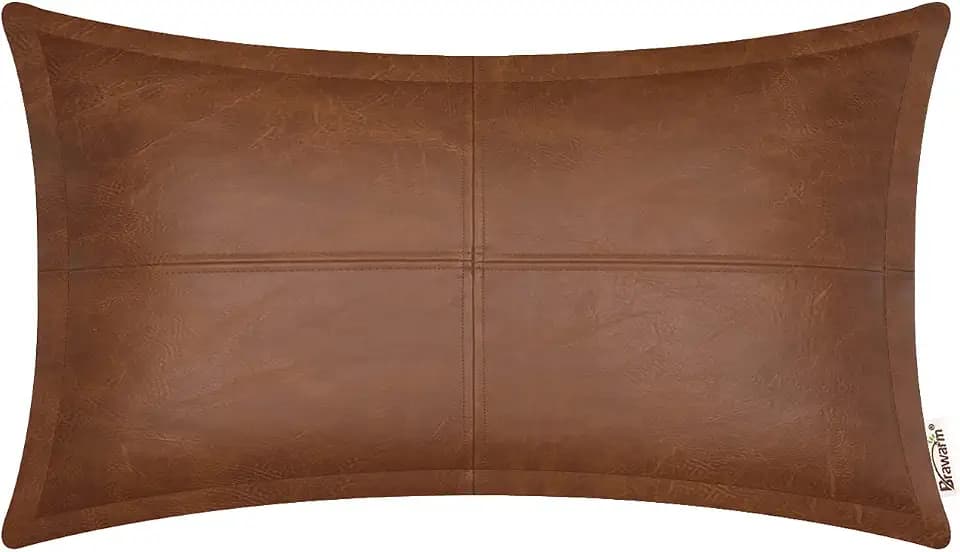 BRAWARM Piped Faux Leather Throw Pillow Cover 12x20 Inches, Brown, 1 PC