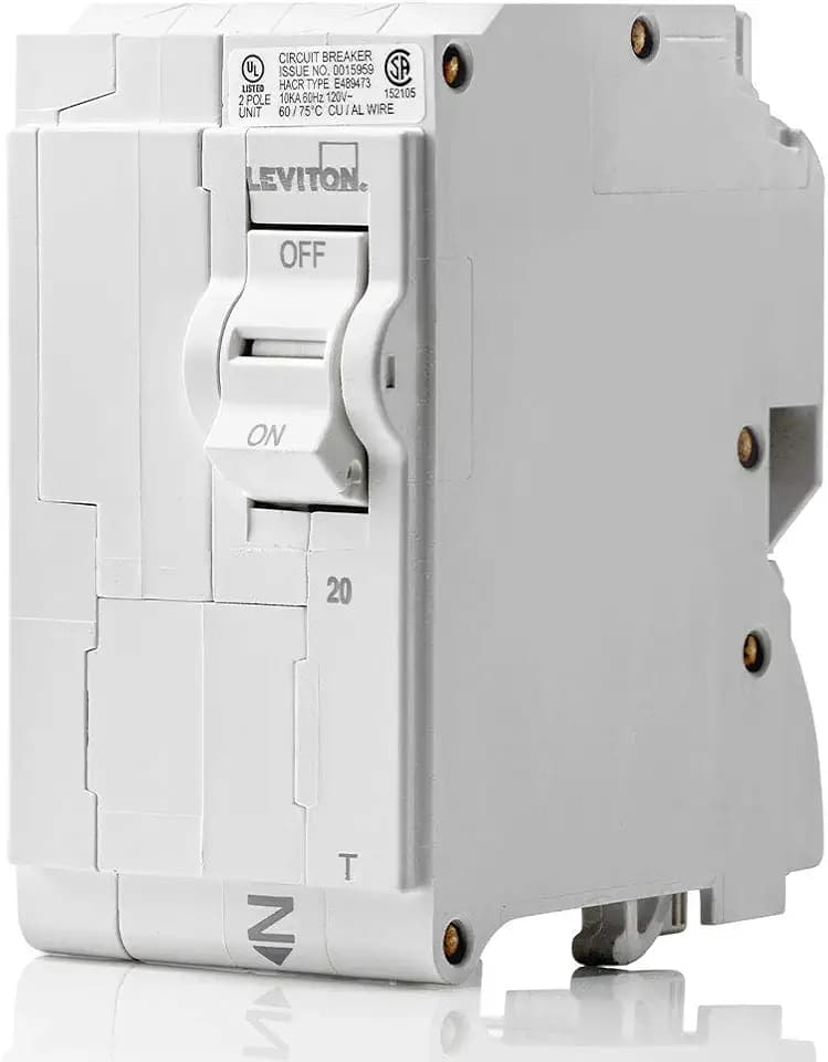 Leviton 20A 2-Pole Plug-On Standard Branch Circuit Breaker, Thermal Magnetic, 120/240 VAC, LB220-T, White