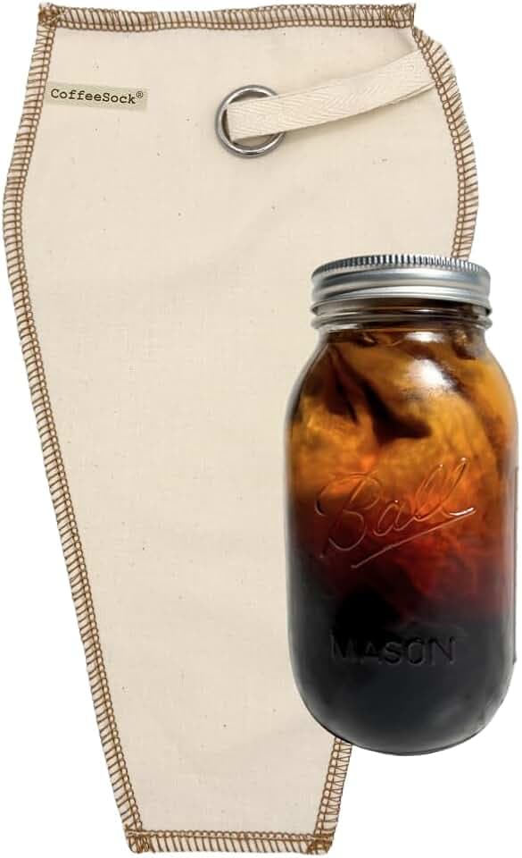 CoffeeSock Cold Brew Coffee Filter for 64 oz Mason Jar – Reusable Organic Cotton Cold Brew Filter Bag, GOTS Certified, Bleach Free, Eco-Friendly Zero Waste Cold Brew Maker – Half Gallon