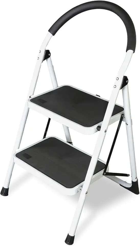 Big RED 2 Step Ladder: Ergonomic Folding Stool with Anti-Slip Pedal, Step Stool with Padded Handle for Kitchen, Household, Offices. 400 lb Capacity
