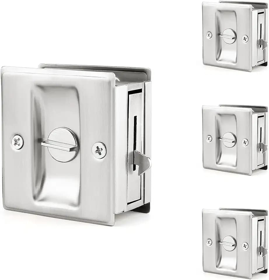 HOMOTEK 4 Pack Privacy Pocket Door Lock Hardware with Pull Pocket & Bi-Fold Door Hardware- Replace Old Or Damaged Sliding Door Locks, 2-3/4”x2-1/2”, for 1-3/8” Thickness Door, Brushed Nickel