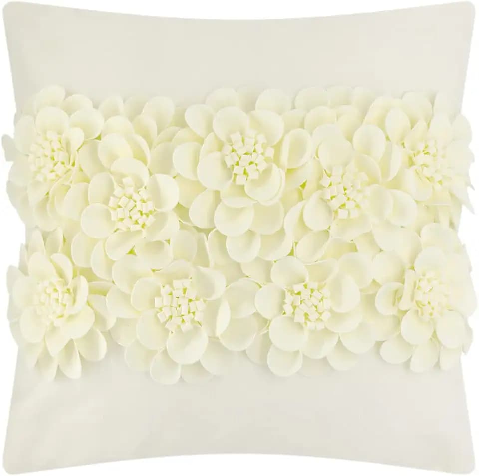JWH Handmade 3D Flower Throw Pillow Covers, Cream White, 18x18 Inch