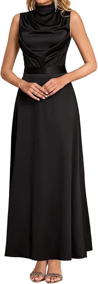Women Satin Formal Long Dress Elegant Mock Neck Ruched Cocktail Wedding Guest Party Maxi Dress with Belt