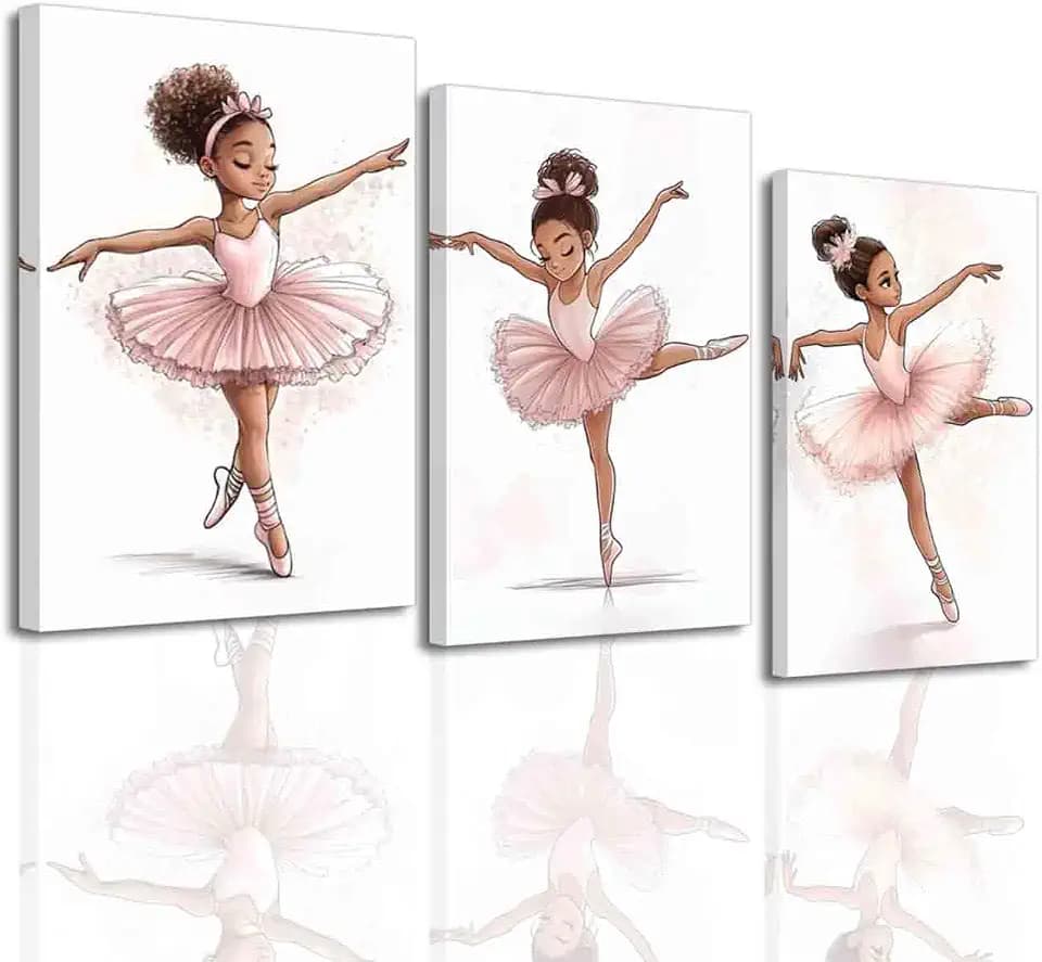 BJYCHG Black Ballerina Wall Art Pink Nursery Pictures Set of 3 Black Girl Posters African American Canvas Prints Ballet Dancer Paintings for Girls Bedroom Room Decor (16x24inx3 Pieces)