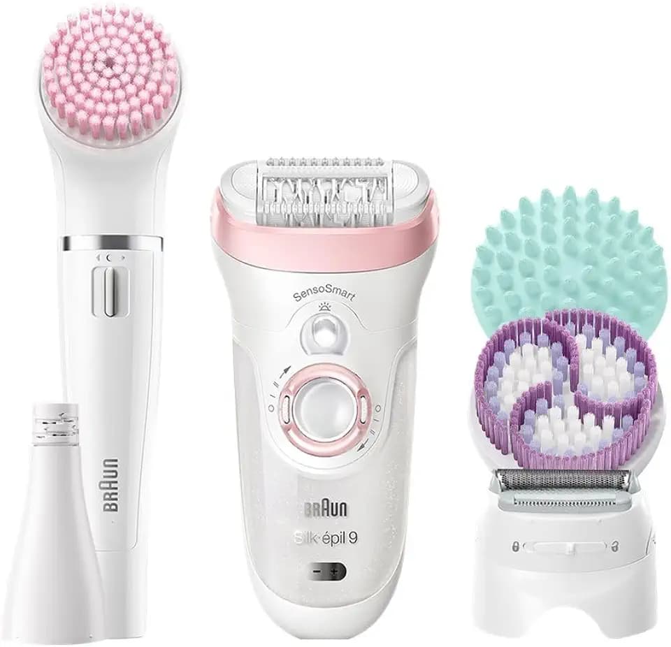 Braun Silk-épil Beauty-Set 9 Deluxe 7-in-1 Epilierer Damen / Haarentferner, Facespa Gesichtshaarentferner, Rasierer, Peeling, Reinigungskit für Gesicht und Körper, 9-985, weiß/rosa
