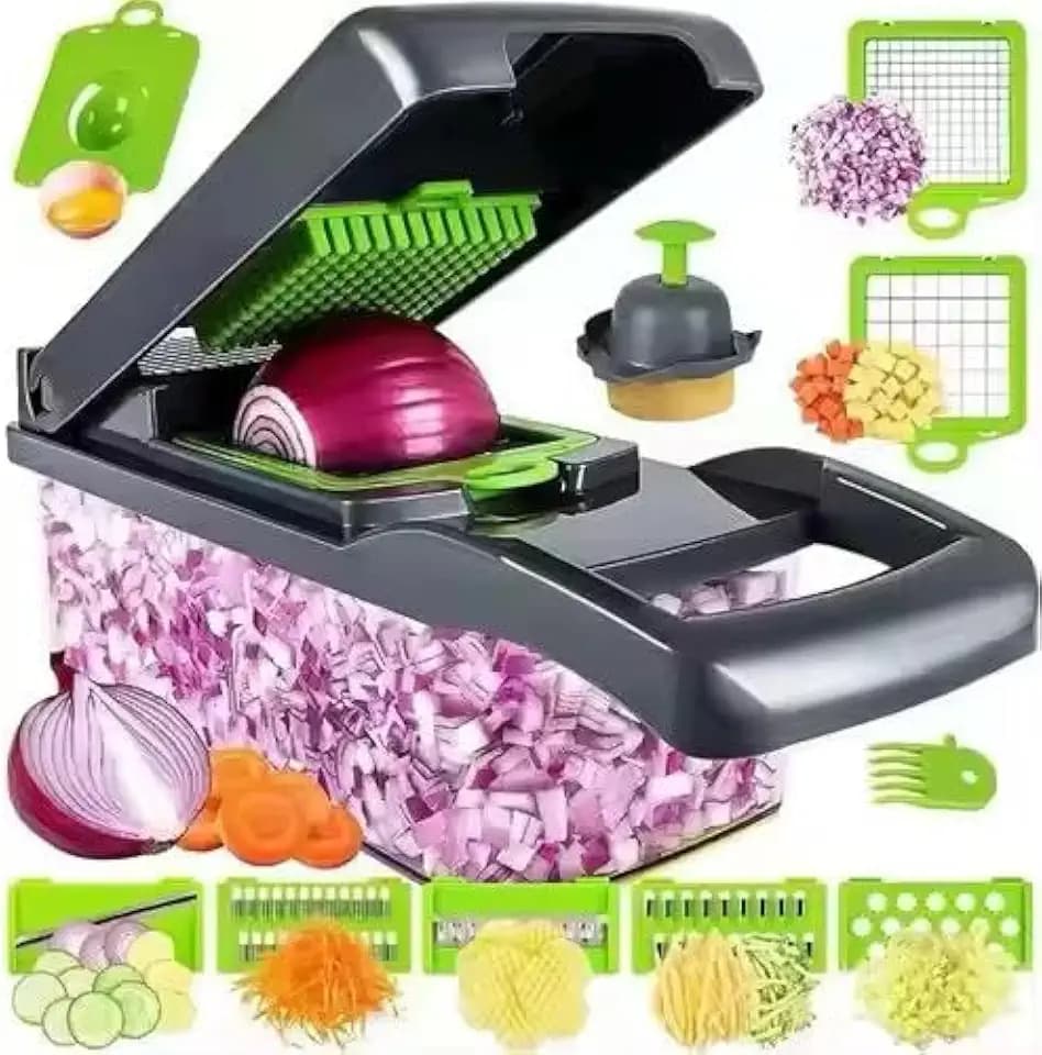 12-in-1 Vegetable Chopper & Slicer – Multifunctional Onion Cutter, Dicer, Grater with Storage Box – Heavy-Duty Kitchen Tool for Vegetables, Fruits & Cheese