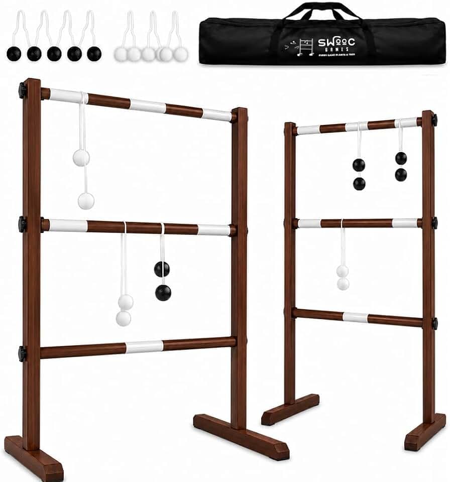 Swooc Games® - Premium Wooden Ladder Ball Game Set (Weather Resistant) - with 10+ Games & Carrying Case - Easy, No Tool Set Up - Premium Ladder Toss Outdoor Game - Backyard Ball Toss Games