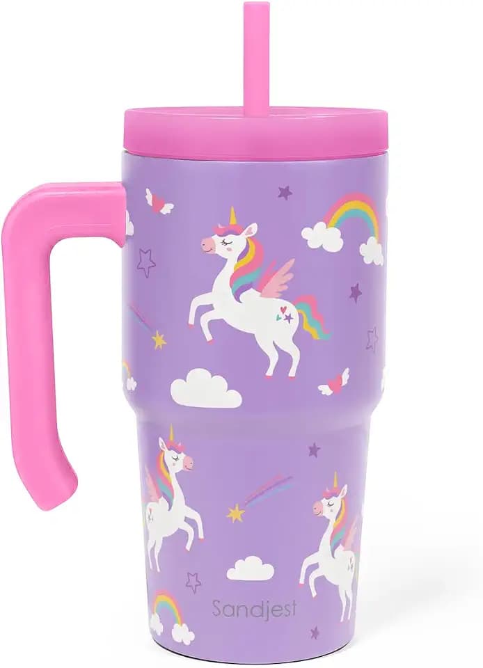 SANDJEST Unicorn Tumbler 20oz with Handle and Silicone Straw Lid for Kid, Insulated Stainless Steel Cup, Gift for Kids Girls, Gifts Idea for Birthday Christmas Back to School