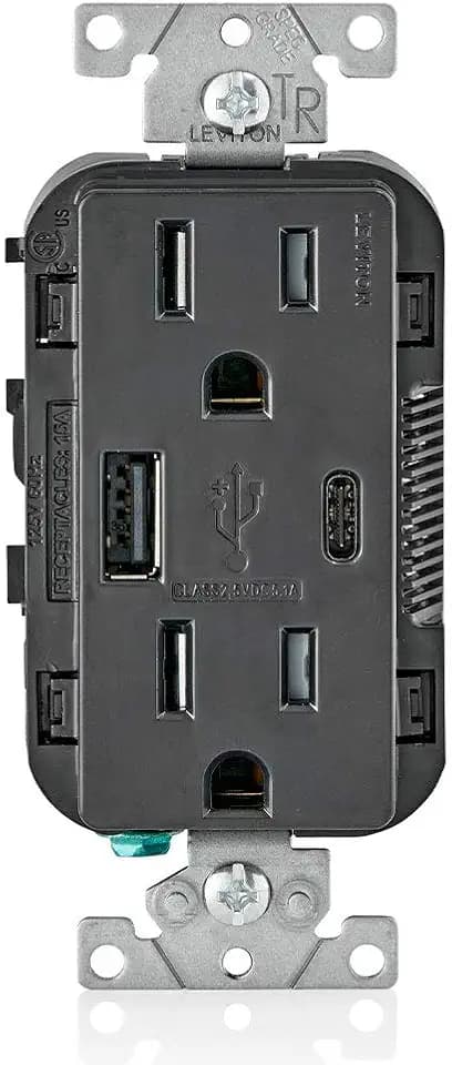 Leviton T5633-E Type A & Type-C USB in-Wall Charger with 15A Tamper-Resistant Outlet, USB Charger for Smartphones and Tablets. Not for Laptops, Black