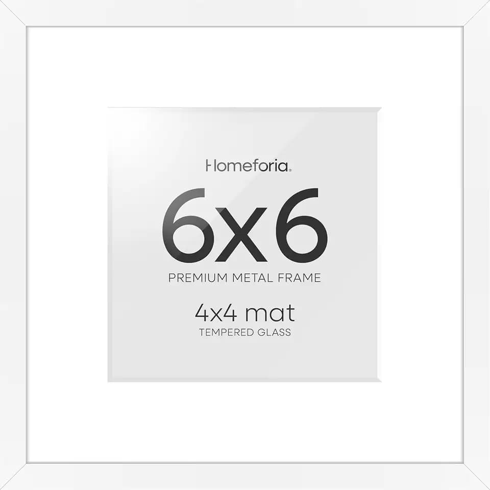 Homeforia 6x6 White Picture Frame, High-End Metal, 4x4 Mat, Glass