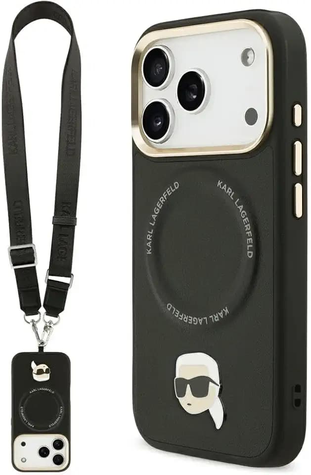 CG MOBILE Karl Lagerfeld Großer Riemen Karl Metal Logo kompatibel mit MagSafe Hülle für iPhone 17 Pro (Schwarz)