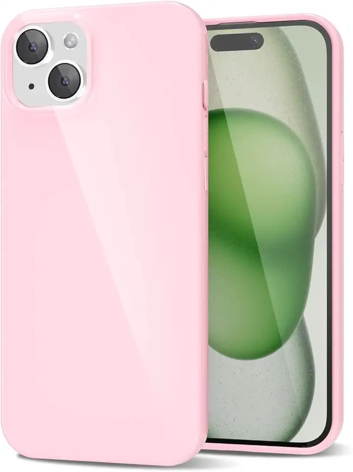 LoeoeL for iPhone 15 Plus Phone Case Liquid Silicone, Cute Girly Thin Ultra Slim Jelly Soft Rubber Gel Protective Glossy Hard Plastic Case, Plain Solid Color Cover for Women Girl, Light Pink