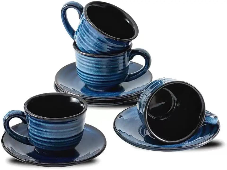 HASENSE Espresso Cups Set of 4, 4 Ounce Ceramic Cappuccino Cup with Saucers, Small Coffee Mugs for Espresso Shots, Cappuccino, Tea, Latte, Demitasse, Navy Blue