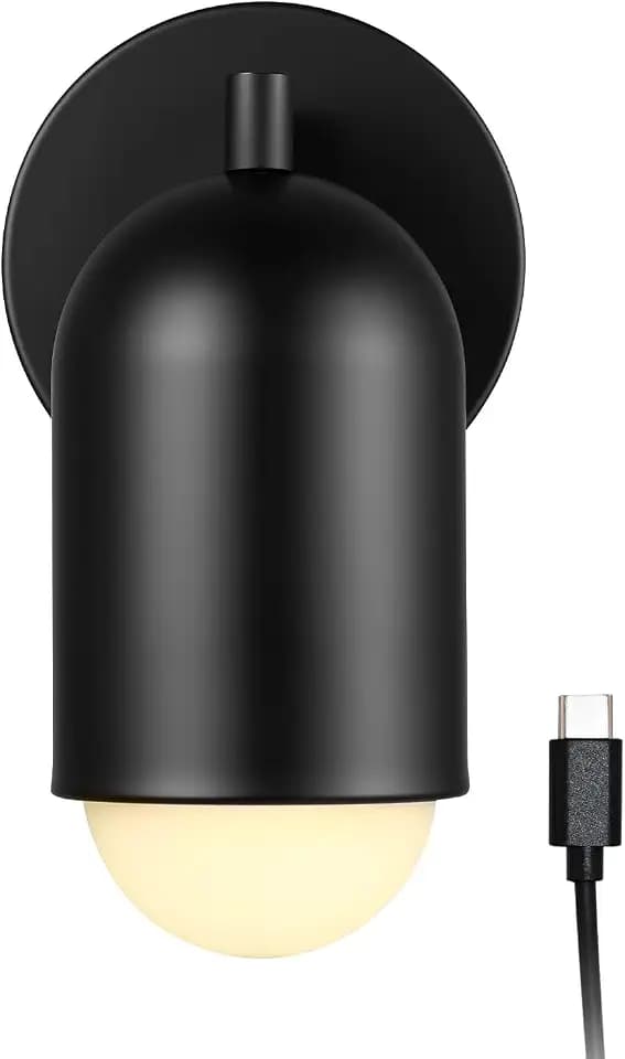 Rechargeable Battery Wall Sconce, LED Integrated, Matte Black, Frosted Diffuser, 3 Brightness Levels, USB-C Cable Included, 3W, 3000 Kelvin, 250 Lumens