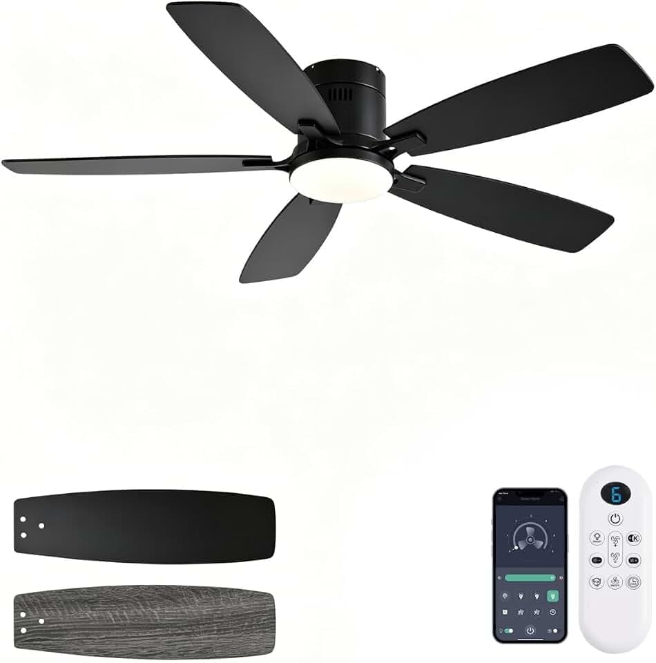 FUMLTP 52inch Ceiling Fans with Lights, Low Profile Ceiling Fan with Light and Remote Control/APP Control, Flush Mount, Reversible DC Motor, Dimmable, Noiseless, Black Ceiling Fan for Bedroom