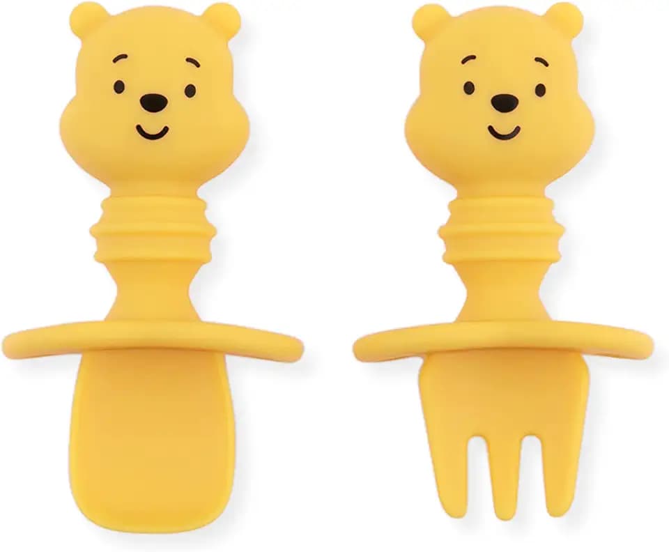 Bumkins Utensils, Disney Silicone Chewtensils, Baby Fork & Spoon Set, Training Utensils, Baby Led Weaning Stage 1 for Ages 6 Months+ Winnie The Pooh