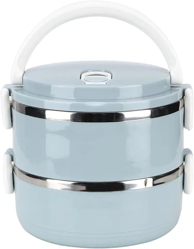 Luqeeg Stackable Stainless Steel Box, Portable Lunch Box, Food Container with Air Hole, Safety Buckles, Blue Rice Noddles Lunch Box for Adults Travel Work (Double Layer)
