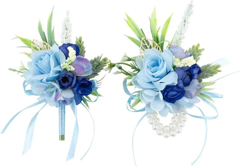 2Pcs Blue Wrist Corsage and Boutonniere Set for Prom Wedding