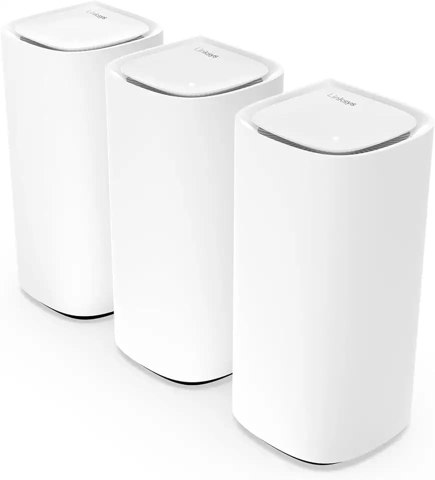 Linksys Velop Pro WiFi 6E Mesh-System MX6203-KE – Cognitive Mesh-Router mit 6-GHz-Band-Zugriff und 5,4 Gbit/s – Mesh-Abdeckung für bis zu 825 m² und 600 Geräte – 3er-Pack