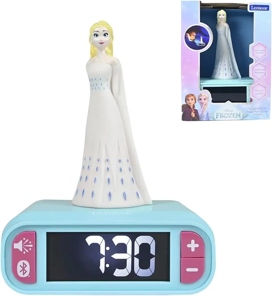 LEXiBOOK, Frozen - Elsa, Digital Alarm Clock with 3D Night Light, Bluetooth Speaker, Sound Effects, Snooze and LCD Screen, Blue/White, RL810FZ