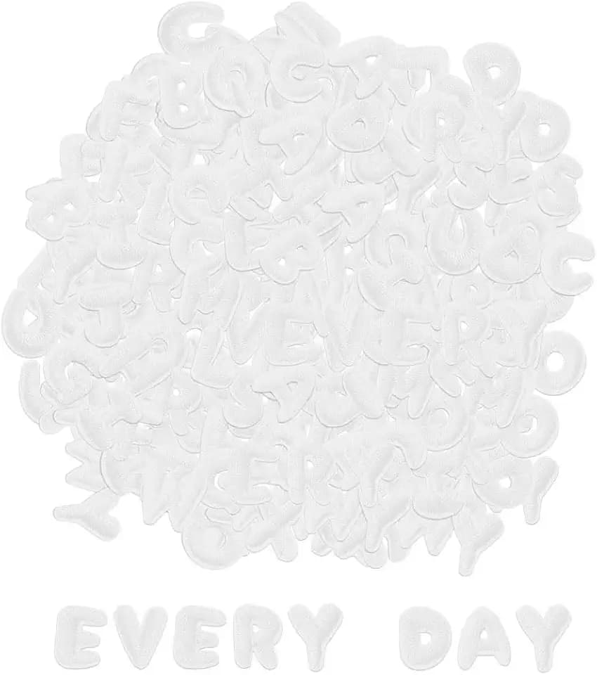 130pcs White Mini Embroidered Iron on Letter Patches 0.65 inch, 5 Sets of 26 Embroidered Alphabet A-Z Patches for Clothing Jackets Hats Backpacks Jeans