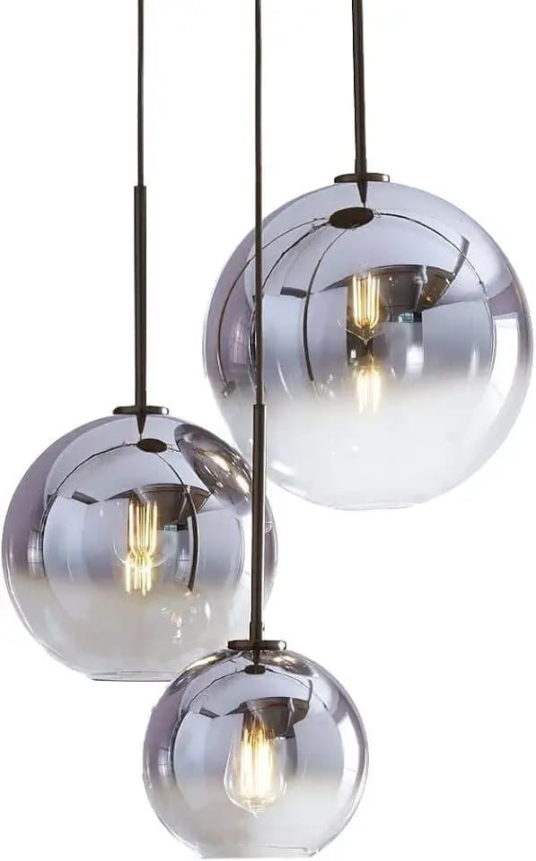 H XD GLOBAL Set 3-Light Globe Gradient Silver Glass Pendant Light,Modern Glass Hanging Lamp Chandelier for Kitchen Island (Silver)