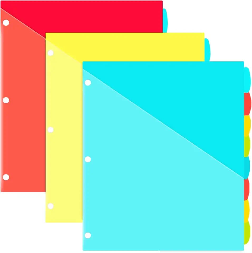 INFUN 8-Tab Plastic Binder Dividers with Front Pockets - 3 Sets, Multicolor Pocket dividers for 3-Ring Binders, dividers with tabs 24 pcs