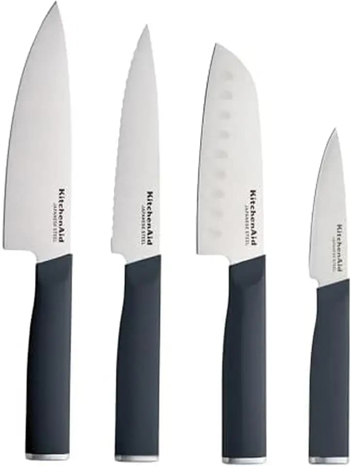 KitchenAid Chef Set with Custom Fit Covers, Sharp Kitchen Knife, Japanese Stainless Steel Blade, 4 Piece, Charcoal Gray