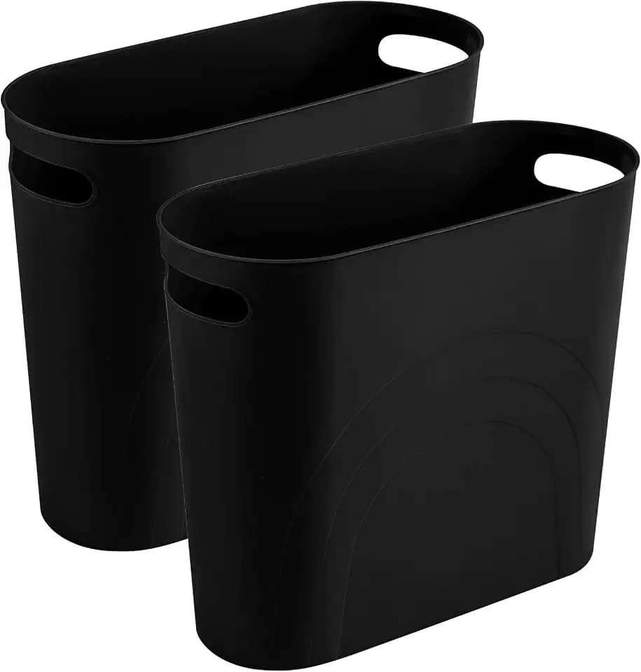 rejomiik Small Trash Can, Slim Garbage Can Plastic Waste Basket with Handles 3.5 Gallon Container Bin for Narrow Spaces Bathroom, Bedroom, Kitchen, Office at Home, 2 Pack Black