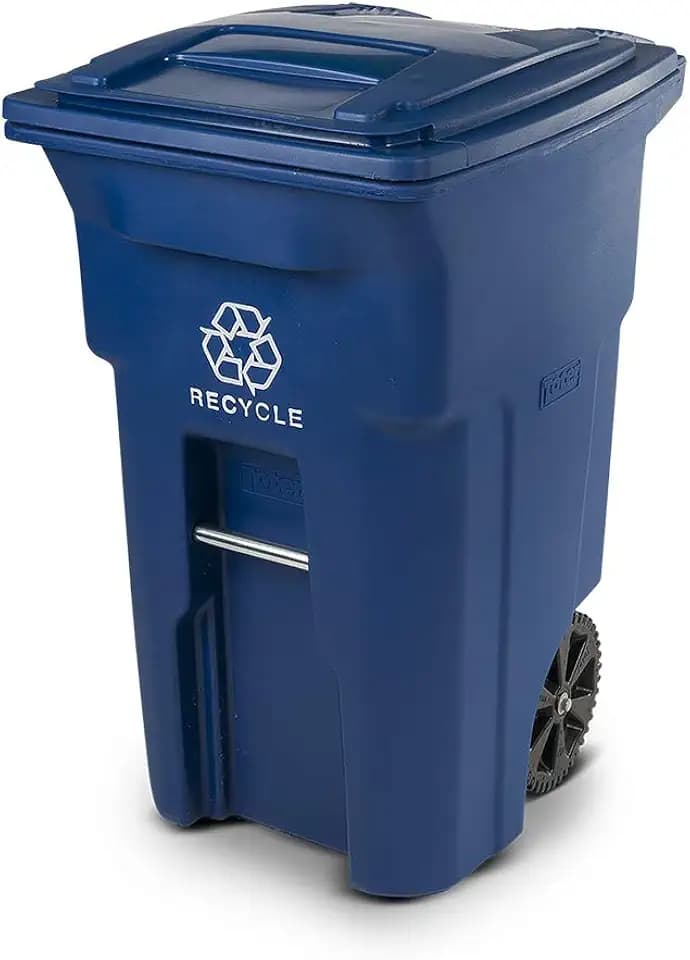 Toter 025564-R1BLU Residential Heavy Duty 2-Wheeled Recycling Can with Attached Lid, 64-Gallon, Blue
