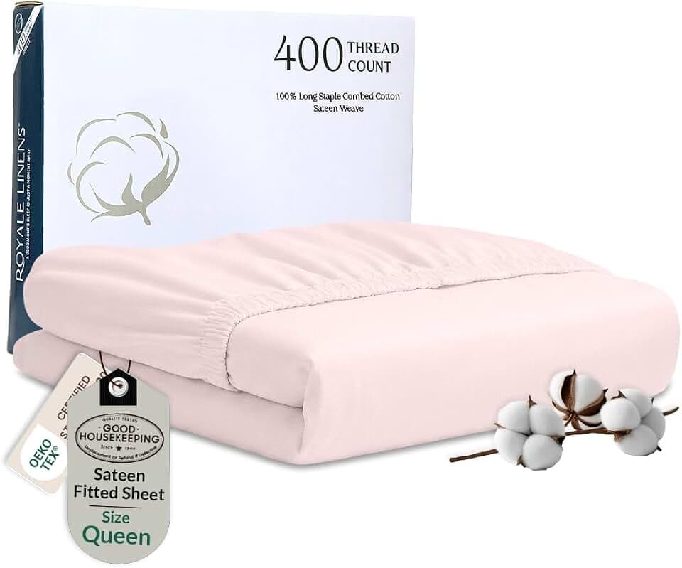 Royale Linens 400 Thread Count Queen Fitted Sheet Only - 100% Cotton Fitted Sheet-Luxury Sateen Weave-All Around Elastic Deep Pocket-Soft & Durable Cooling Bottom Sheets-Fit Up to 16" (Kyoto Blush)