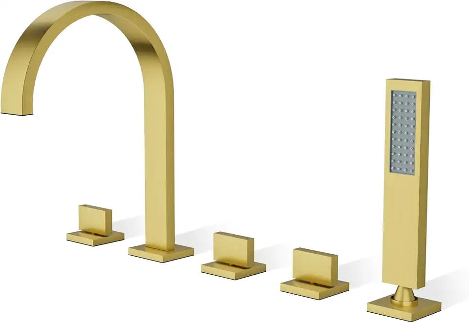 Roman Bathtub Faucet Set with Handheld Sprayer and Rough-in Valve Widespread Deck Mount 5 Hole Classic High Arch Tub Faucets Trim Kit 3 Handle with Diverter Lever Bath Tub Filler (Brushed gold)