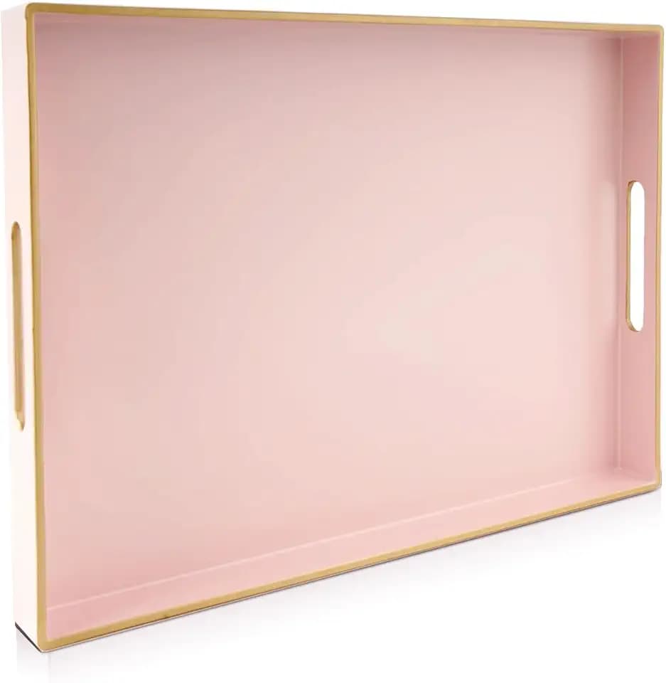 Gifturbo Pink Large Serving Tray with Handles,Rectangular Plastic Elegant Decorative Coffee Table Tray for Ottoman, Living Room, Bathroom, Home Decor, Vanity Trays with Gold Trimming, 15.7” x 11.8”