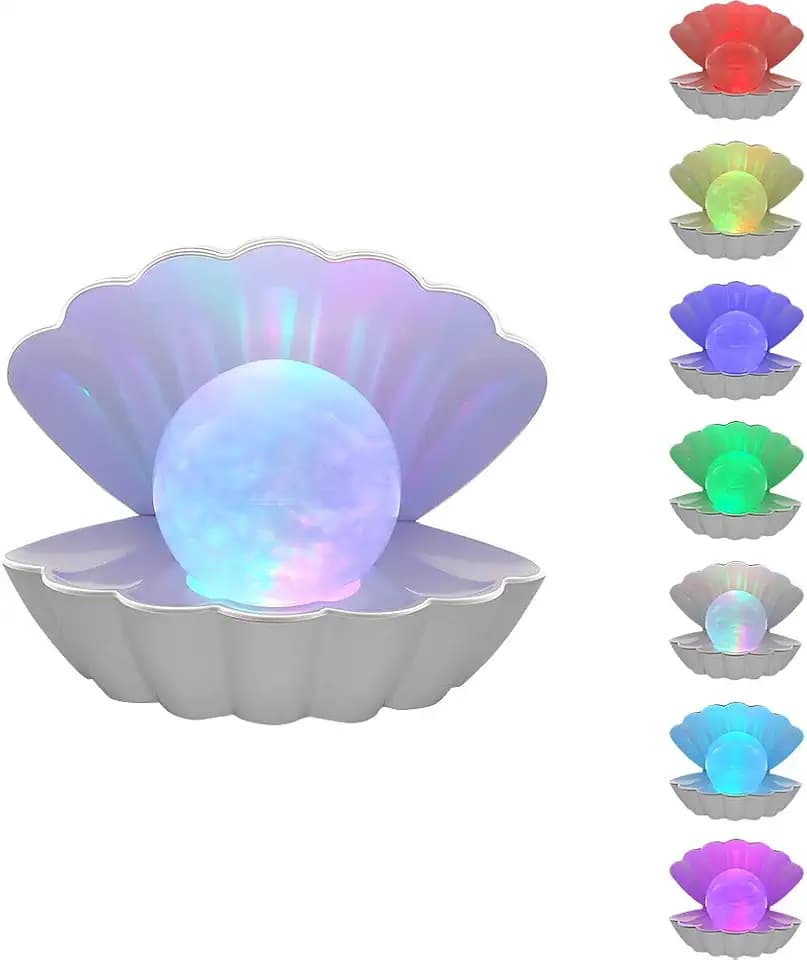 LKUA Shell Pearl Beach Themed Night Light, RGB 8 Colors Changing Mood Shell Pearl Lamps, Bedside LED Clamshell Portable Night Lights for Bar (White)
