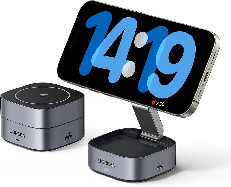 UGREEN MagFlow 2 in 1 iPhone Faltbare Ladestation mit Magsafe | 7.5W Wireless Charger, mit 1m Kabel, kompatibel mit iPhone 17/16/15/14/13/12, Airpods, Winkel-Einstellbarer Ladeständer
