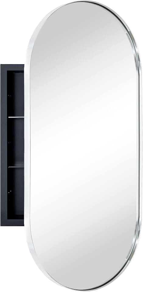 Chrome Oval Recessed Bathroom Medicine Cabinet with Mirror Stainless Steel Metal Framed Oblong Pill Shaped Bathroom Cabinet with Mirror 16x33''