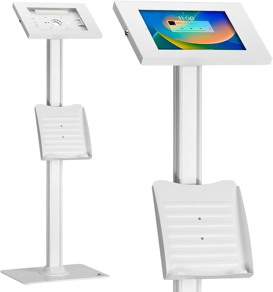 Maclean MC-476 Tablet-Bodenständer mit Diebstalschutz und Prospekthalter Kompatibel mit 9.7"-11", iPad/iPad Air/iPad Pro, Samsung Galaxy Tab A/Tab A7/Tab S6 Lite Bodenbefestigung (Weiß)