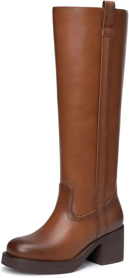 Athlefit Knee High Boots Women Round Toe Chunky Riding Boots