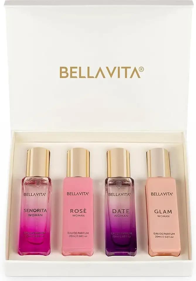 Bellavita Luxury Women's Perfume Gift Set with Rose, Senorita, Date, and Glam | 80ml | Perfume for Women | Pink Pepper, Yuzu and Floral Peach | Long Lasting Fragrance