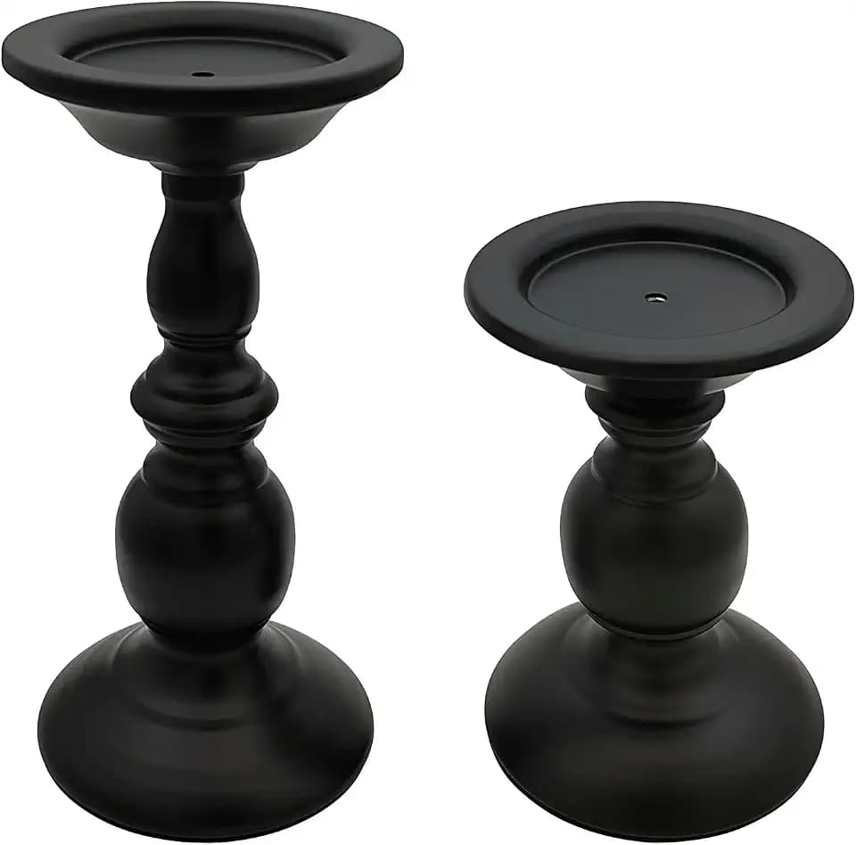 Pillar Candle Holders Stands Set of 2, Matte Black, 6.2" & 8.7"