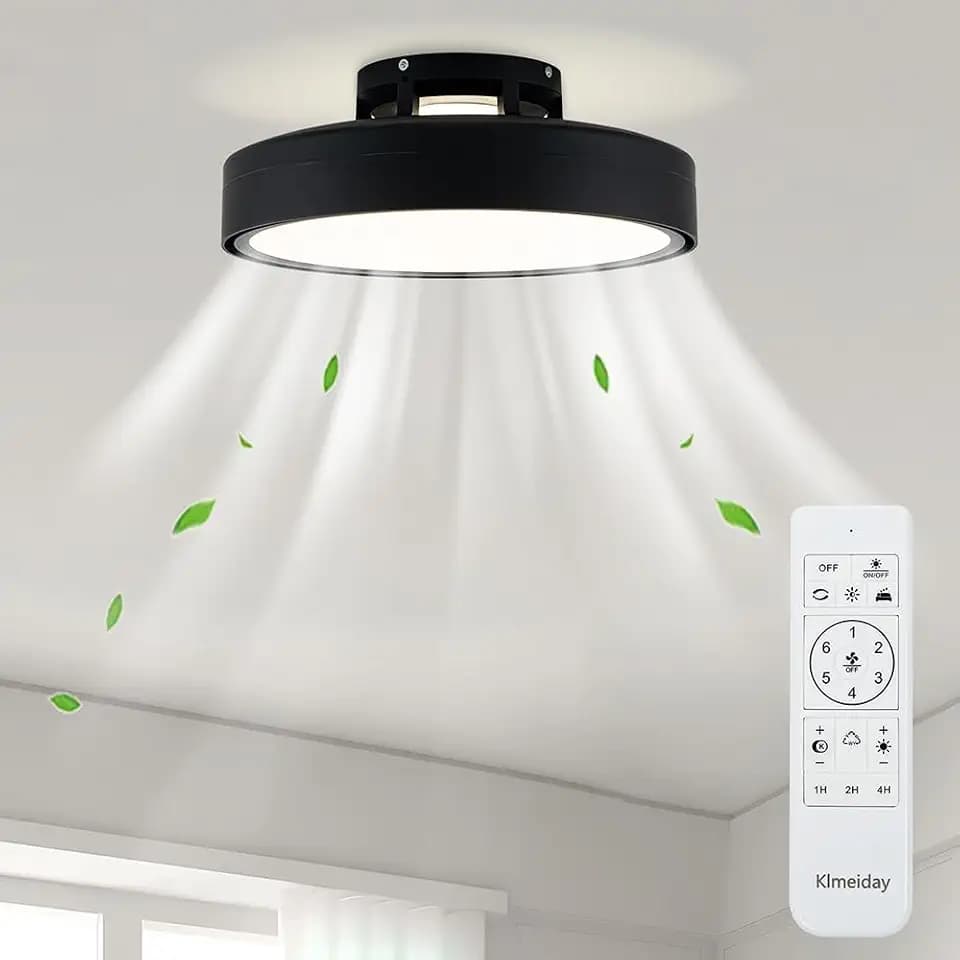 Ceiling Fans with Lights and Remote, Flush Mount Modern Bladeless Ceiling Fan with Light, 6 Speeds, Stepless dimming and CCT 3000K-6000K LED Lights for Bedroom, Study Room (Black, 20.1″)