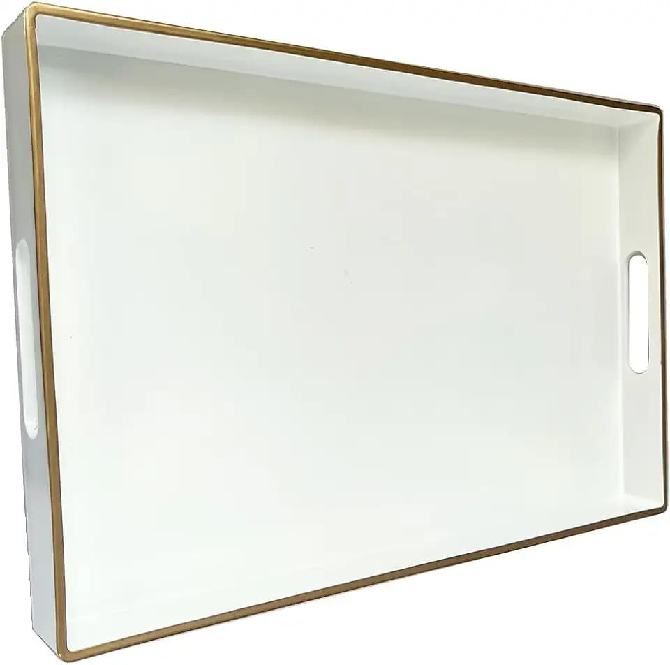White Coffee Table Tray, Rectangular Serving Tray with Handles, Plastic Decorative Tray for Ottoman, Living Room, Kitchen Tabletop, 15.6” x 10.2” x1.37”