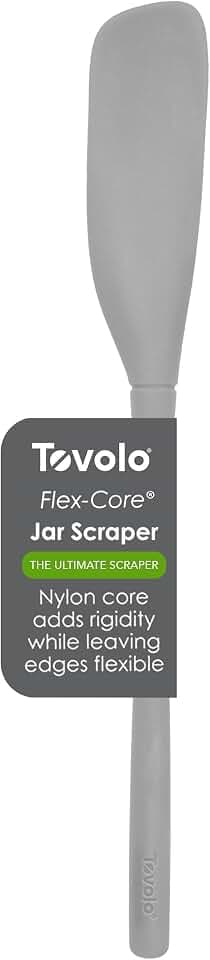 Tovolo Silicone Jar Spatula Long Handled Rubber Scraping Scooping Tool for Peanut Butter Jam Jelly Jars Blenders, Extra Long Flex Core Silicone Jar Scraper Dishwasher Safe BPA Free, Oyster Gray