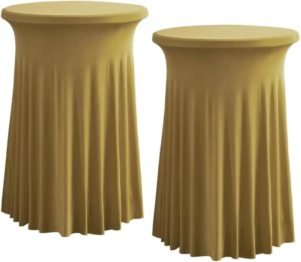 Rakila 2 Pack Round 43 x 32 Inch Spandex Cocktail Tablecloth with Wavy Skirt Gold Fitted Stretch Table Cover for Bar Wedding Party