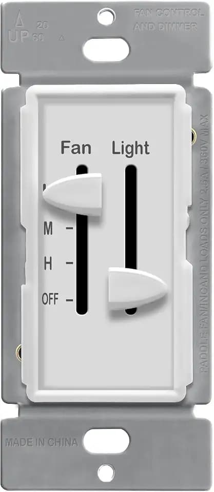 ENERLITES 3 Speed Ceiling Fan Control and LED Dimmer Light Switch, 2.5A Single Pole Light Fan Switch, 300W Incandescent Load, No Neutral Wire Required, 17001-F3-W, White