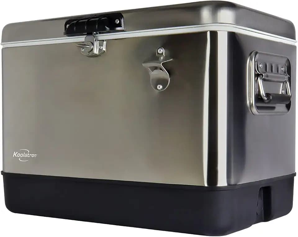 Koolatron Ice Chest Cooler - Portable Ice Bucket with Bottle Opener, Vintage Style, Insulated for Camping, Beach, Picnic, RV, BBQs, Tailgating, Fishing, Stainless Steel 85 Can Ice Box, 51L (54 qt)