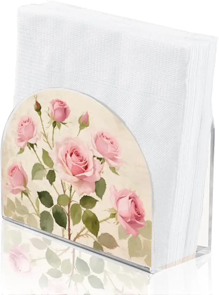 SUPERDANT Pink Rose Napkin Stand Acrylic Tissue Holder Organizer Flowers Paper Napkins Holders for Kitchen Serviette Holder Dispenser Home Dining Room Dinner Party Farmhouse Table Decoration Gifts